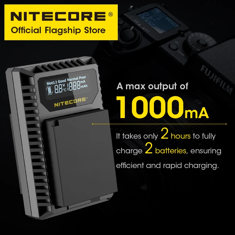 NITECORE FX1 Camera Charger Dual Slot USB LCD Intelligent Charger Output 1000mAh For Fujifilm NP-W126 NP-W126S Battery FinePix