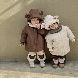 2023 Winter New Baby Boys Girls Cute Hooded Bear Ear Coat Children's Long Sleeve Cotton Padded Jacket Plus Thick Kids Warm Top