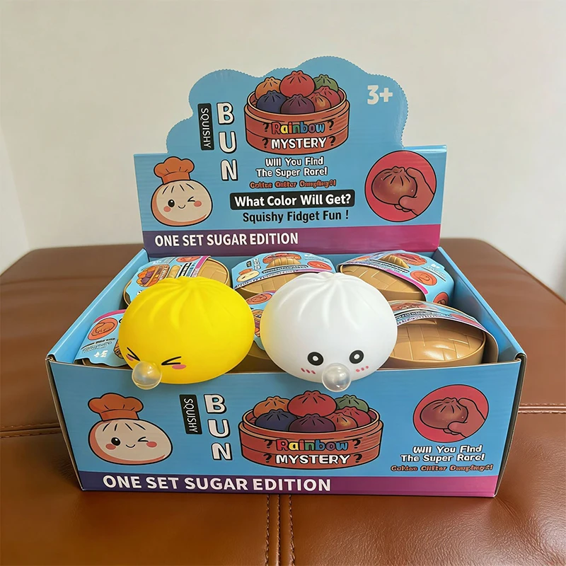 Set de Peluches Antiestrés de Bollos Burbujeantes Adorables con Estuche de Vapor, Pelota Blanda para Aliviar el Estrés con Forma de Bollo al Vapor Kawaii, Bollo de Descompresión