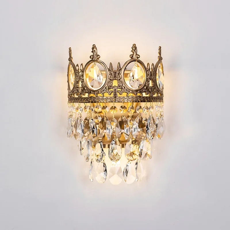 Bedside French crystal wall lamp American all-copper bed and breakfast villa retro living room aisle European brass wall lamp