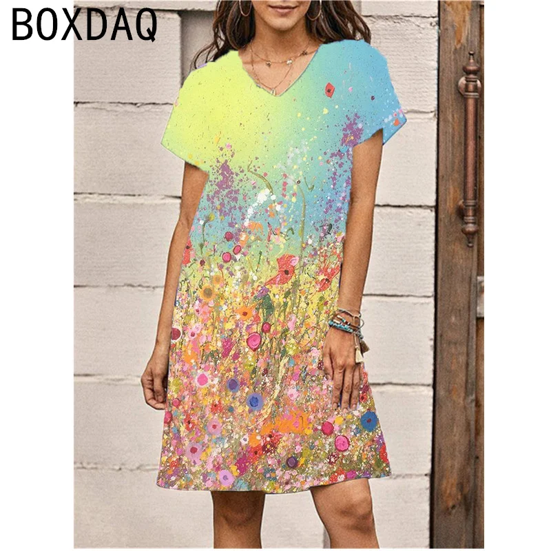 2024 Sommerkleid Mode 3d bunte Blumen Farbverlauf Kleid Frauen Kurzarm V-Ausschnitt elegante Urlaub Strand kleid große Größe Kleider