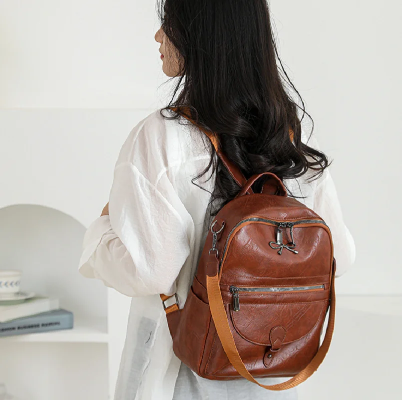 

New Women's Korean Fashion Large Capacity Double Zipper Shoulder Bags Vintage Soft Leather Travel Backpacks Totes School Bag