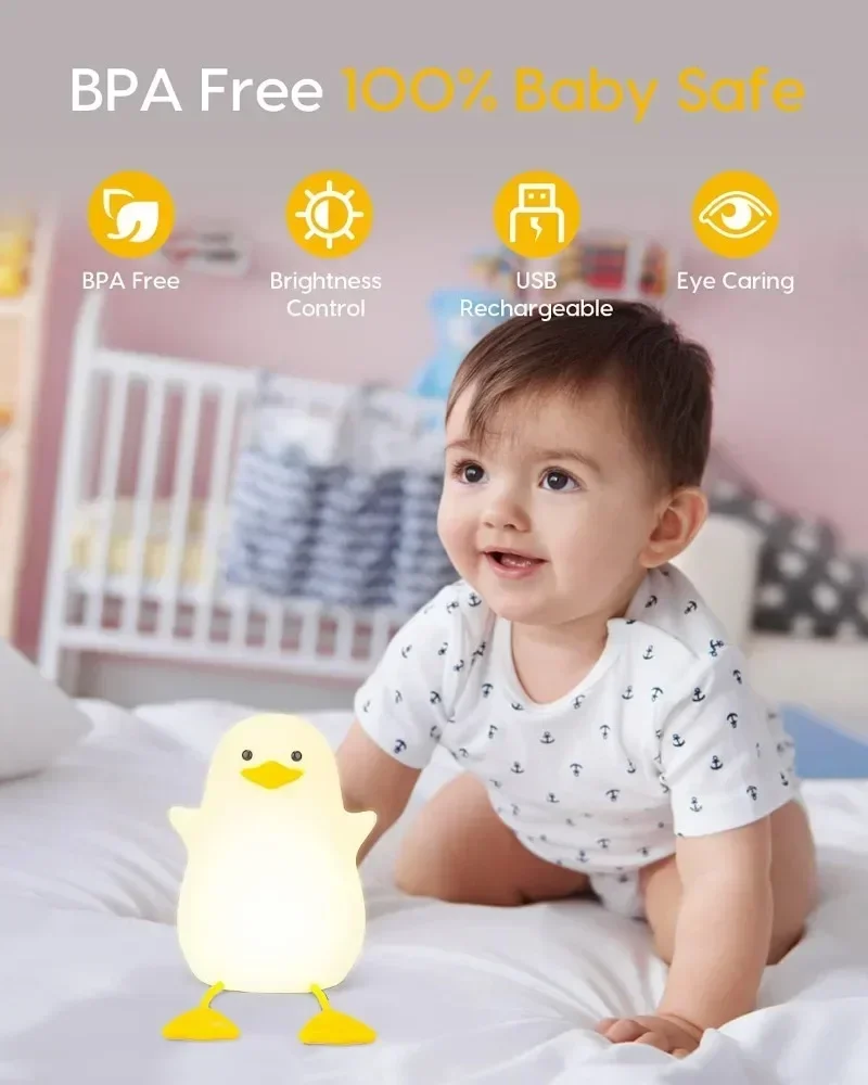 Children's Night Light with 2 Color Changing Modes and Dimming Function Rechargeable LED Night Light Cute Duck Shape