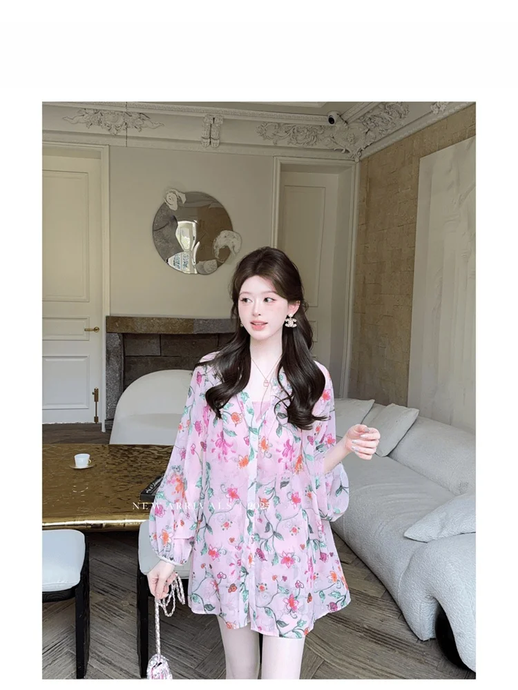 

Sweet Style Women's Floral Print Sun Protection Outerwear Set Short Pants Trendy Korean Style Button up Shirt V Neck Long Sleeve