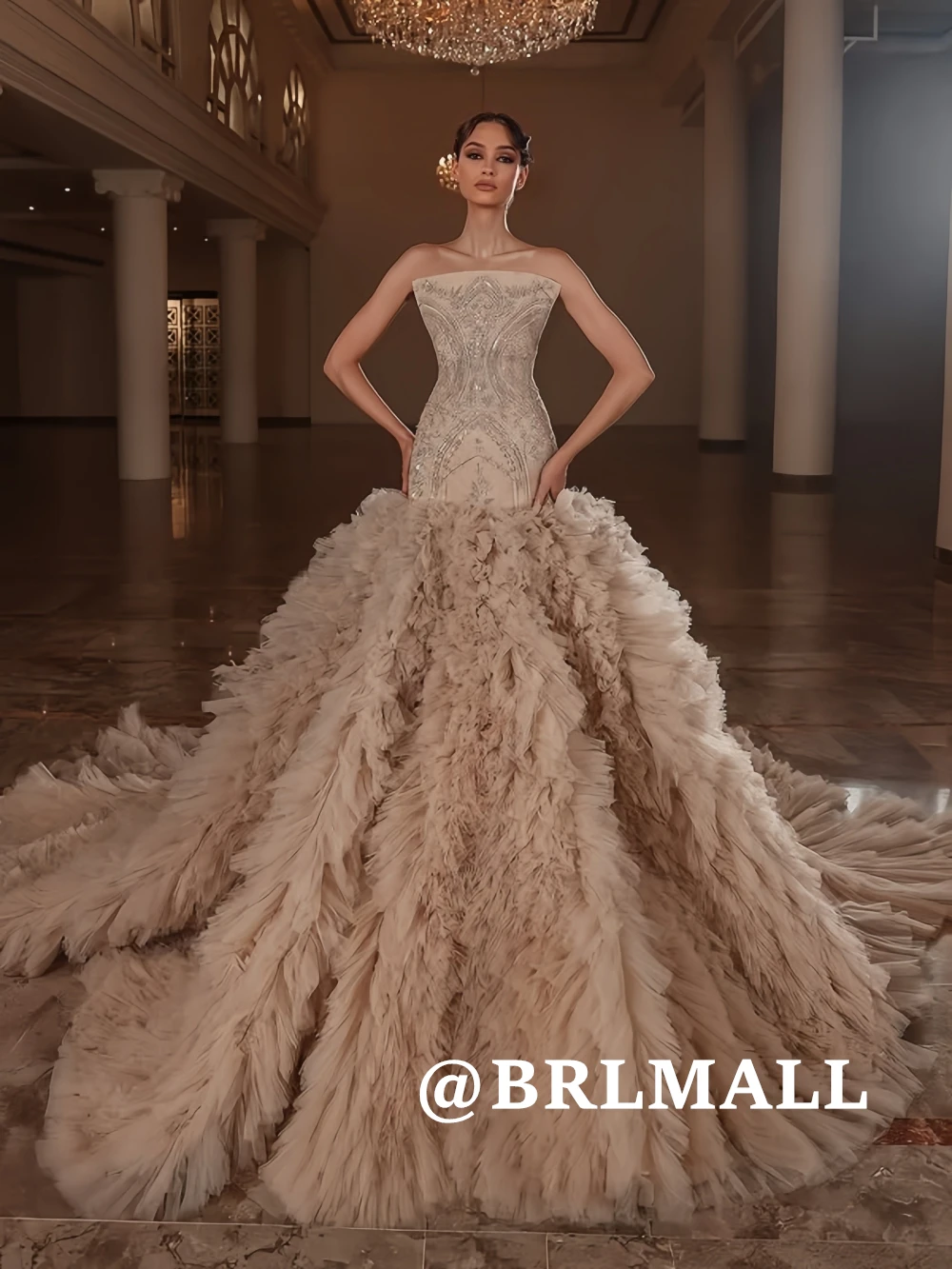 

BRLMALL Luxury Beading Evening Dress for Women, Ruched Train Mermaid Prom Dresses, Customized Women's Wedding Dresses