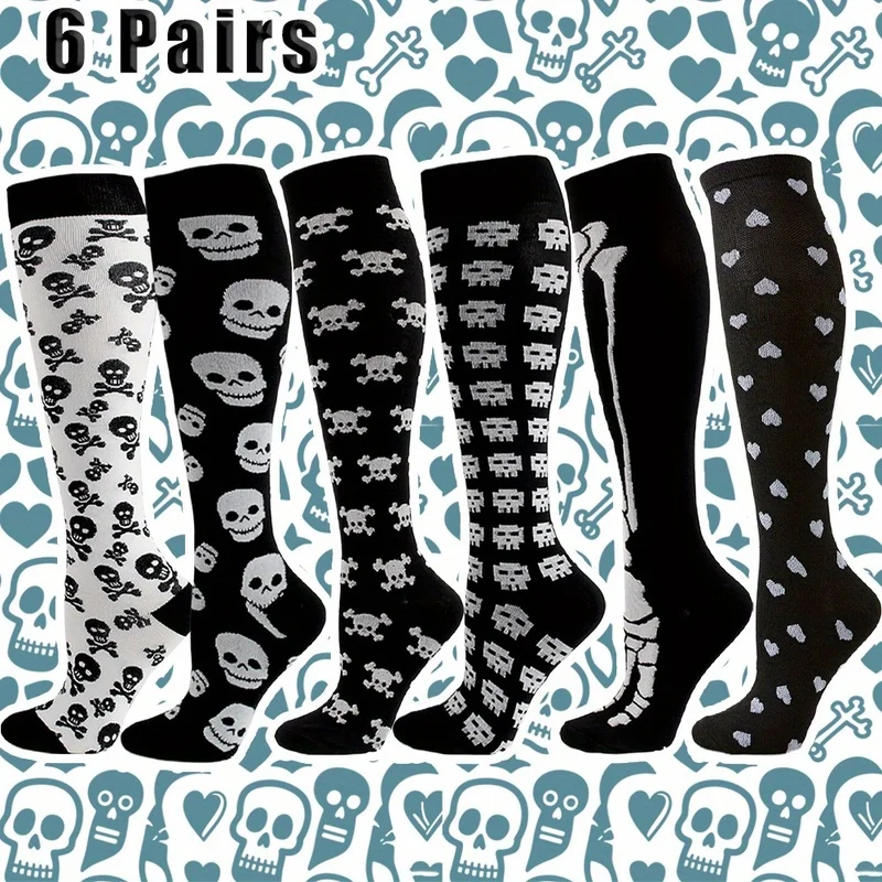 

6-парные компрессионные носки с черепом и сердцем — спортивная поддержка, подходят для бега, йоги, езды на велосипеде, футбола, баскетбола, регби,