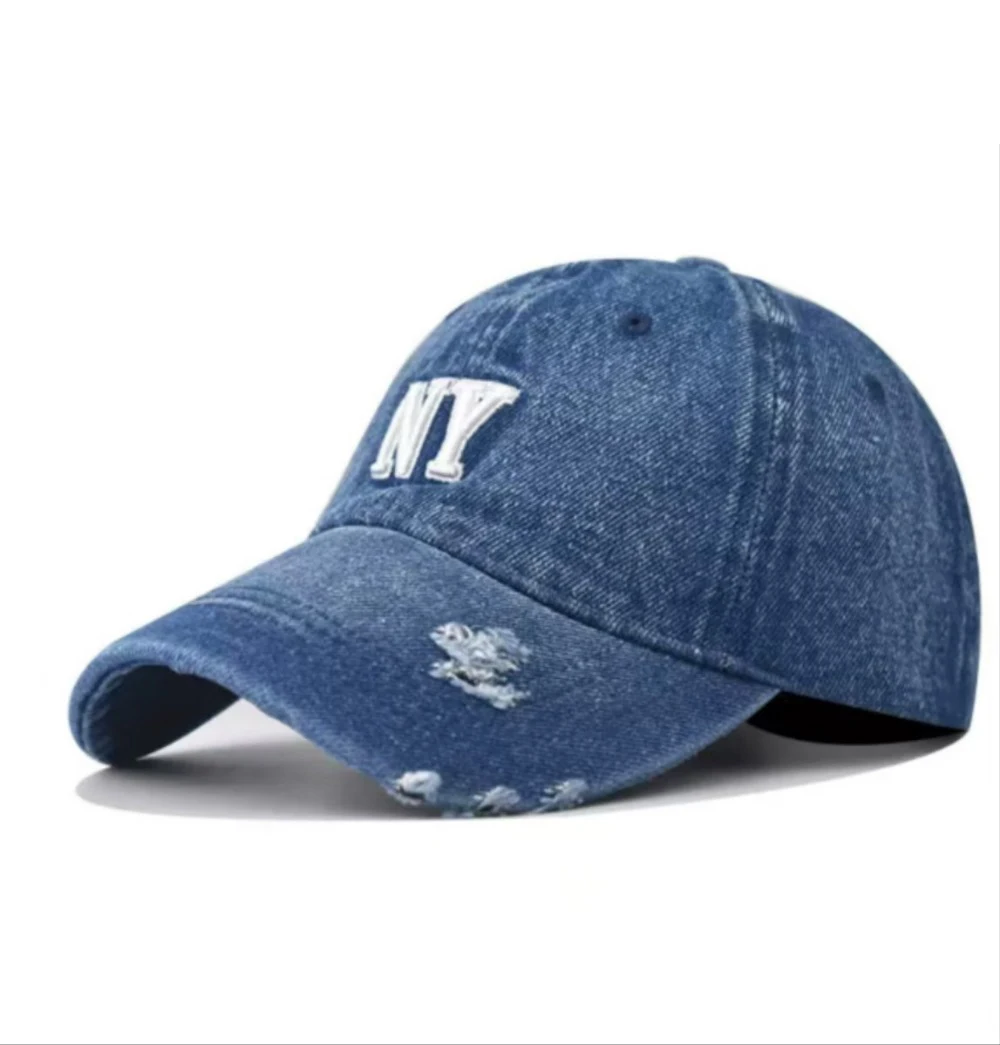Street Retro-Style Embroidered Three-Dimensional NY Lettered Distressed Denim Baseball Cap, Suitable for Both Men and Women