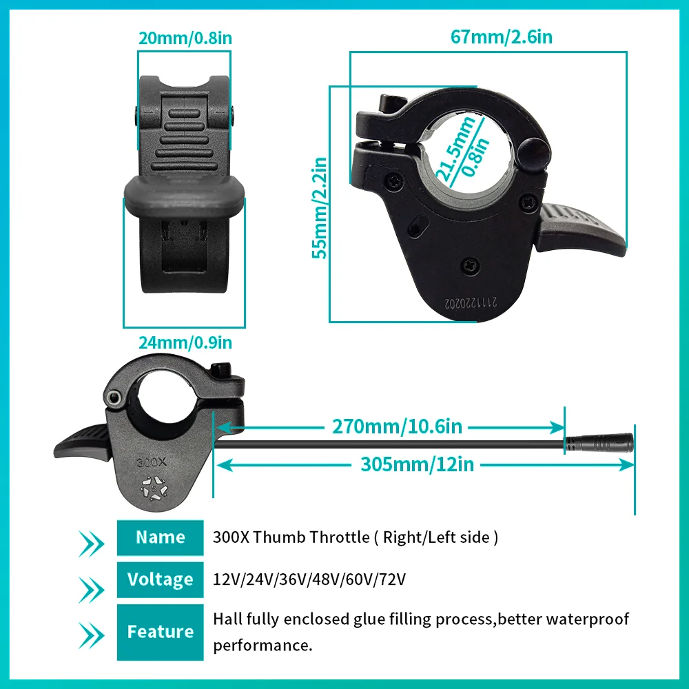 BAFANG 300X Ebike Thumb Throttle Electric Bicycle 3PIN Female Throttle 12V 24V 36V 48V 60V 72V Compatible with BBS01, BBS02B, BB