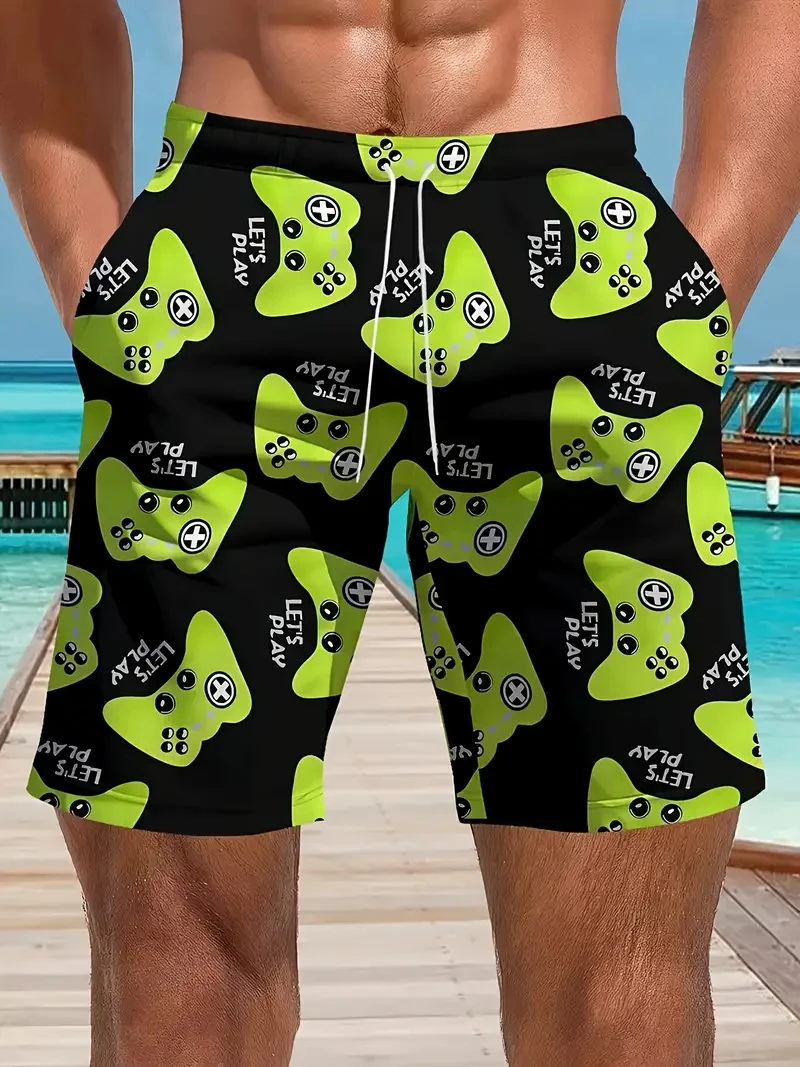 Męskie szorty kąpielowe z nadrukiem graficznym 3D, nowe letnie hawajskie szorty surfingowe z sznurkiem, wzór gamepadu, plażowe, 2025