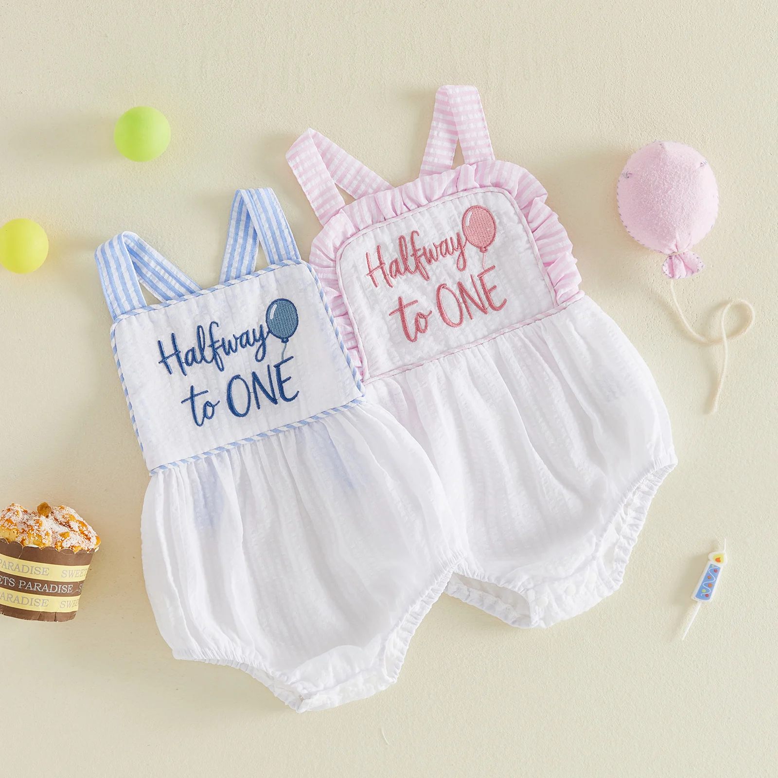 Baby Half Birthday Romper Sweet Ruffled Trim Striped Sleeveless Infant Bodysuits Jumpsuit Backless Overalls
