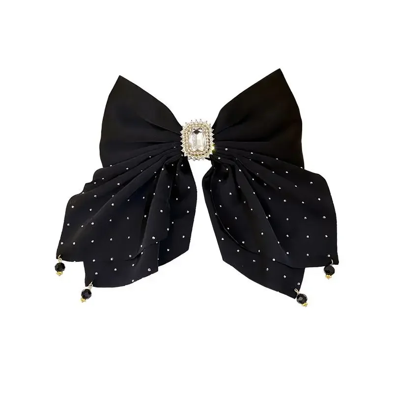 Korean Black Fabric Bow Hair Clips Feather Crystal Hairpins Spring Clip Fashion Ponytail Barrettes Hair Accessories for Women