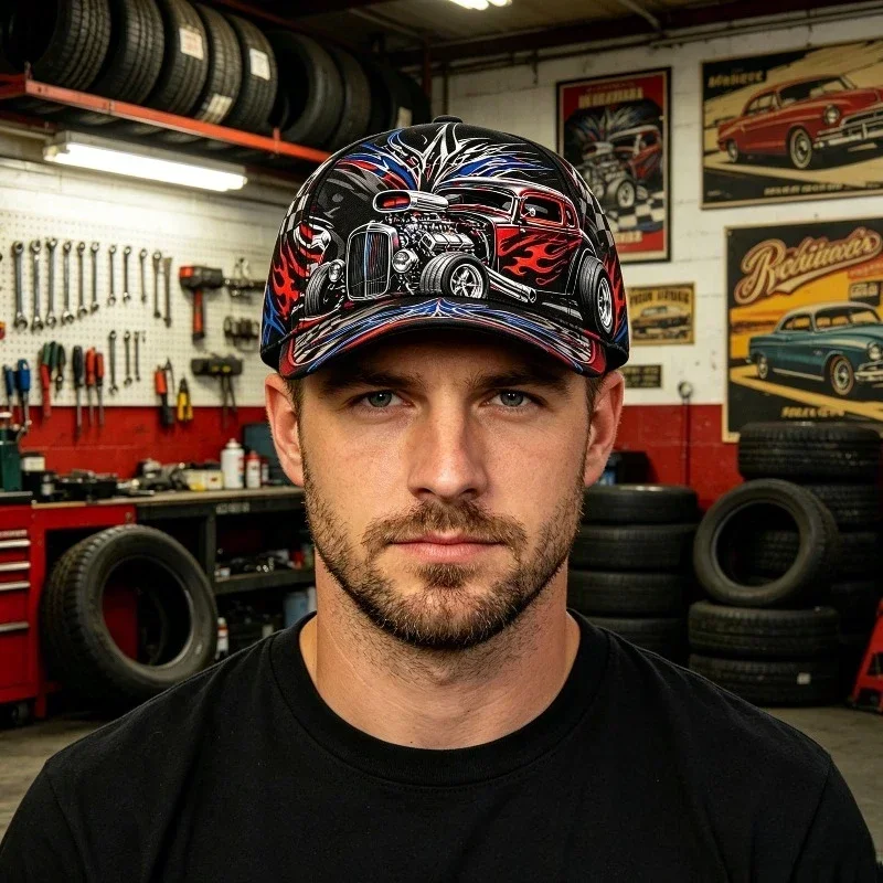 Customization Men' & Women' Retro Muscle Car Flame Baseball Cap - Adjustable Buckle Vintage Racing Hat With Classic Auto Print