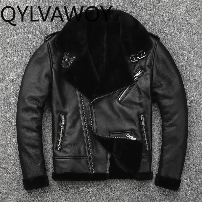 QYLVAWOY Real Fur Coat Genuine Lambskin Fur Integrated Leather Jacket Men Warm Winter 2026 Man Clothing Motorcycle Jackets Coats