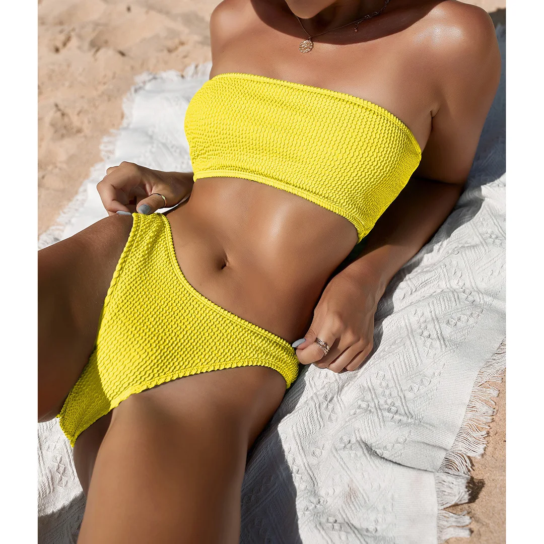 Bandeau-Bikini mit Faltenmuster, Damen-Badeanzug, zweiteiliges Bikini-Set, hoch geschnittener Badeanzug, Badebekleidung, Modell V3314. – Detail 32