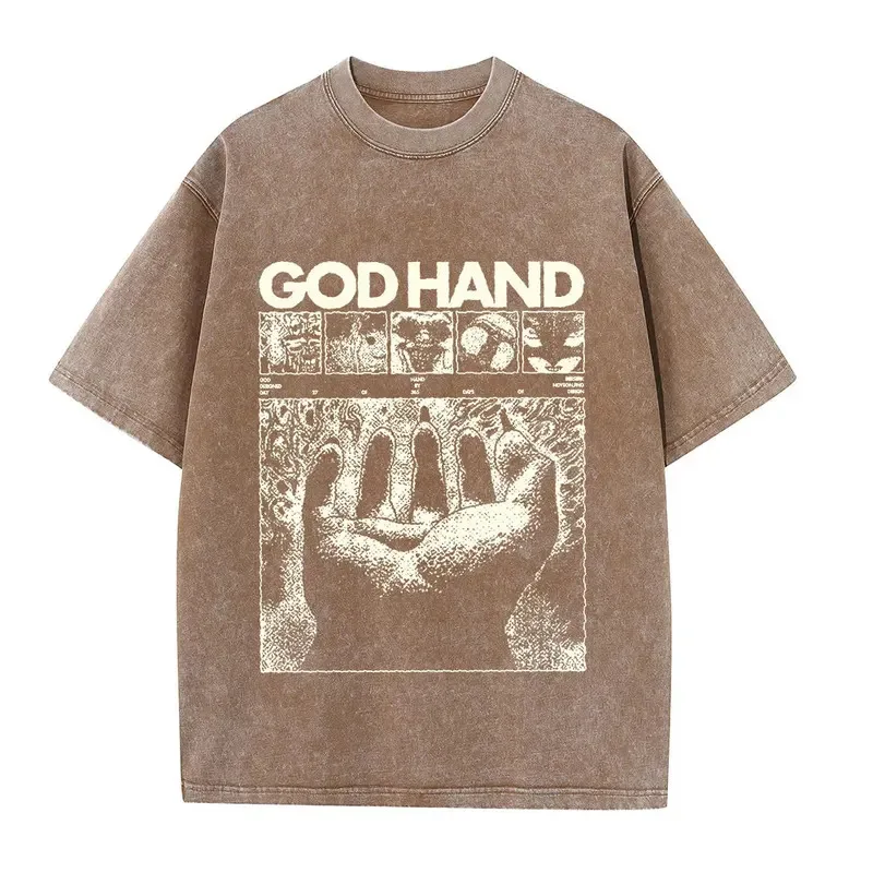 

Men's Anime Washed Vintage Tshirts Hip Hop Retro Punk Gothic God Hand Print T-Shirts Harajuku Cotton Women Short Sleeve Top Tee