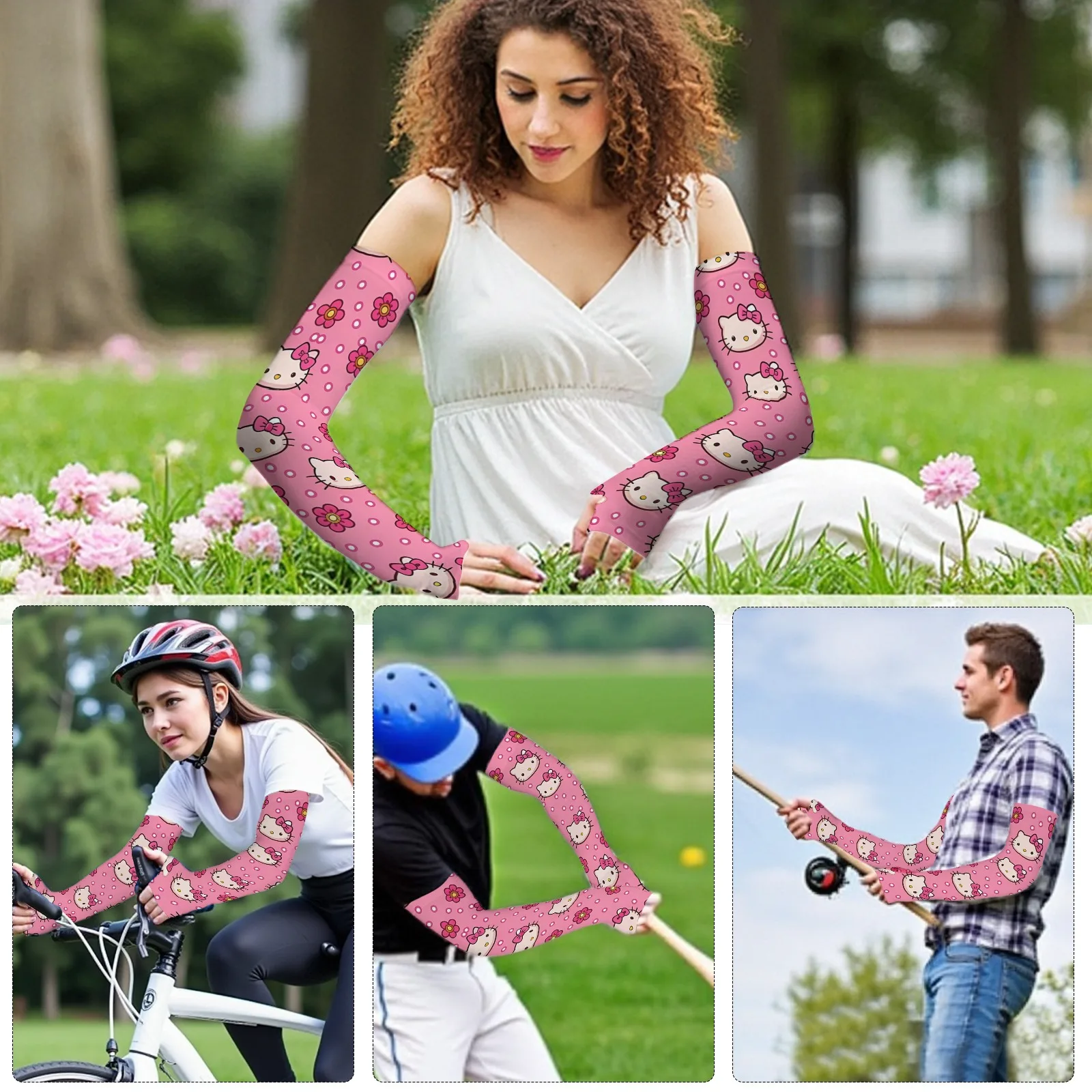 Novedosas mangas de brazo con estampado de dibujos animados de Hello Kitty, protección UV transpirable de seda de hielo rosa claro para la moda diaria y al aire libre