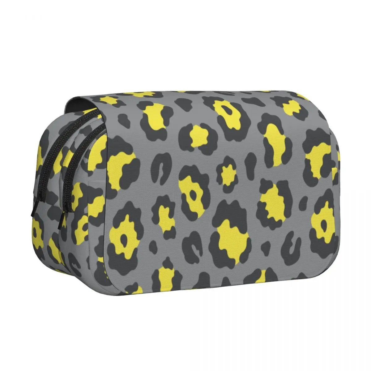 Leopard Animal Fur Printing Double Clamshell Pen Case Pencil Pouch Pen Holder Bag Students School Zipper Stationery