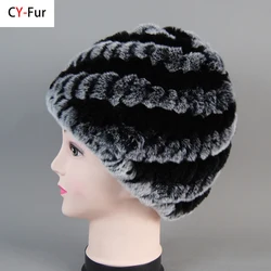 Vendita calda Lady Real Rex Rabbit Winter Fur Hat per le donne russo vera pelliccia berretto lavorato a maglia copricapo inverno caldo cappello da donna Beanie Hats