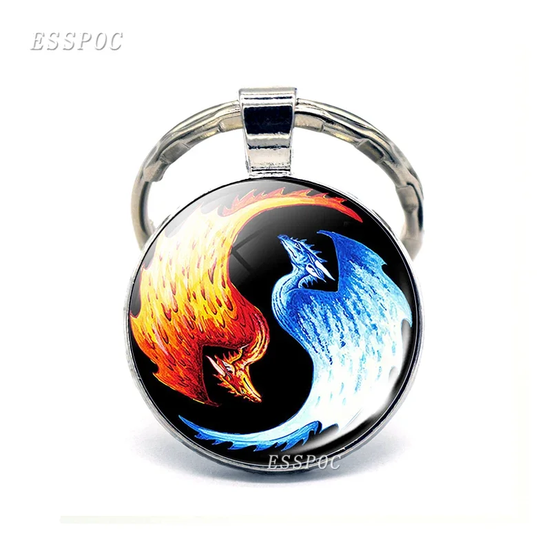Phoenix Keychain Steampunk Yin Yang Jewelry Glass Cabochon Keyring Metal Fashion Accessories for Men Women Valentines Gift