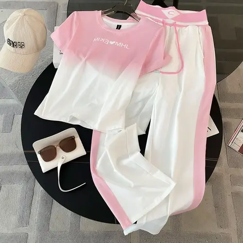 Imagen 2 del producto 2024 Primavera/Novedad de verano de moda de manga corta degradada + pantalones de pierna ancha de cintura alta conjunto informal de dos piezas