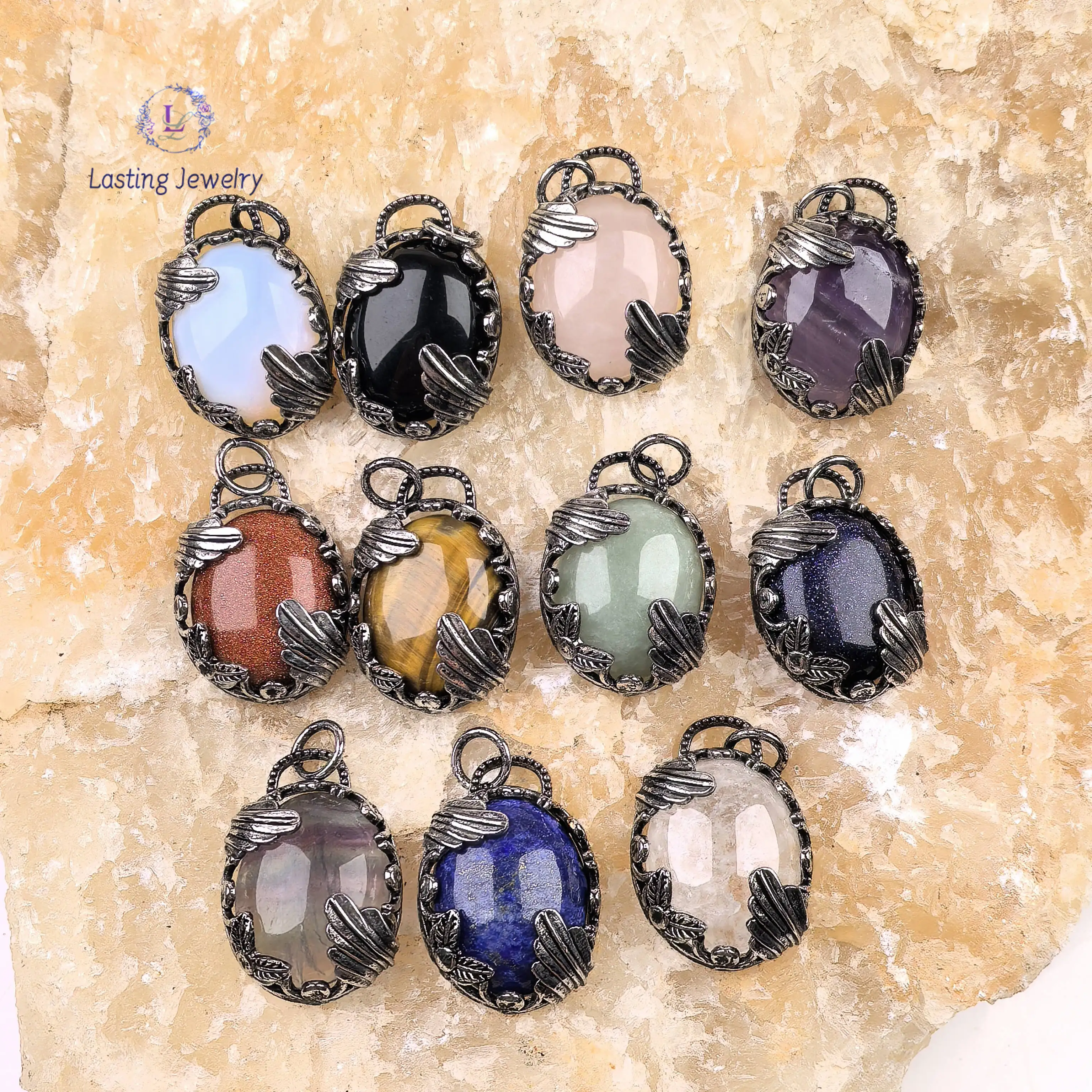 จี้หินธรรมชาติรูปไข่สีเงินโบราณ, คริสตัลบำบัดพลังงานควอตซ์ อเมทิสต์ ฟลูออไรต์ ไทเกอร์อาย สำหรับทำสร้อยคอ DIY