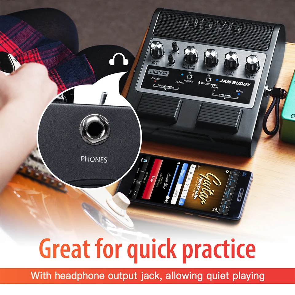 JOYO - Amplificador combinado de guitarra de 10 W portátil con pedal multiefectos – 14 modelos de amplificador, 3 bandas, 36 ritmos & Looper, grabación OTG, Bluetooth (Jam Buddy II, Gris