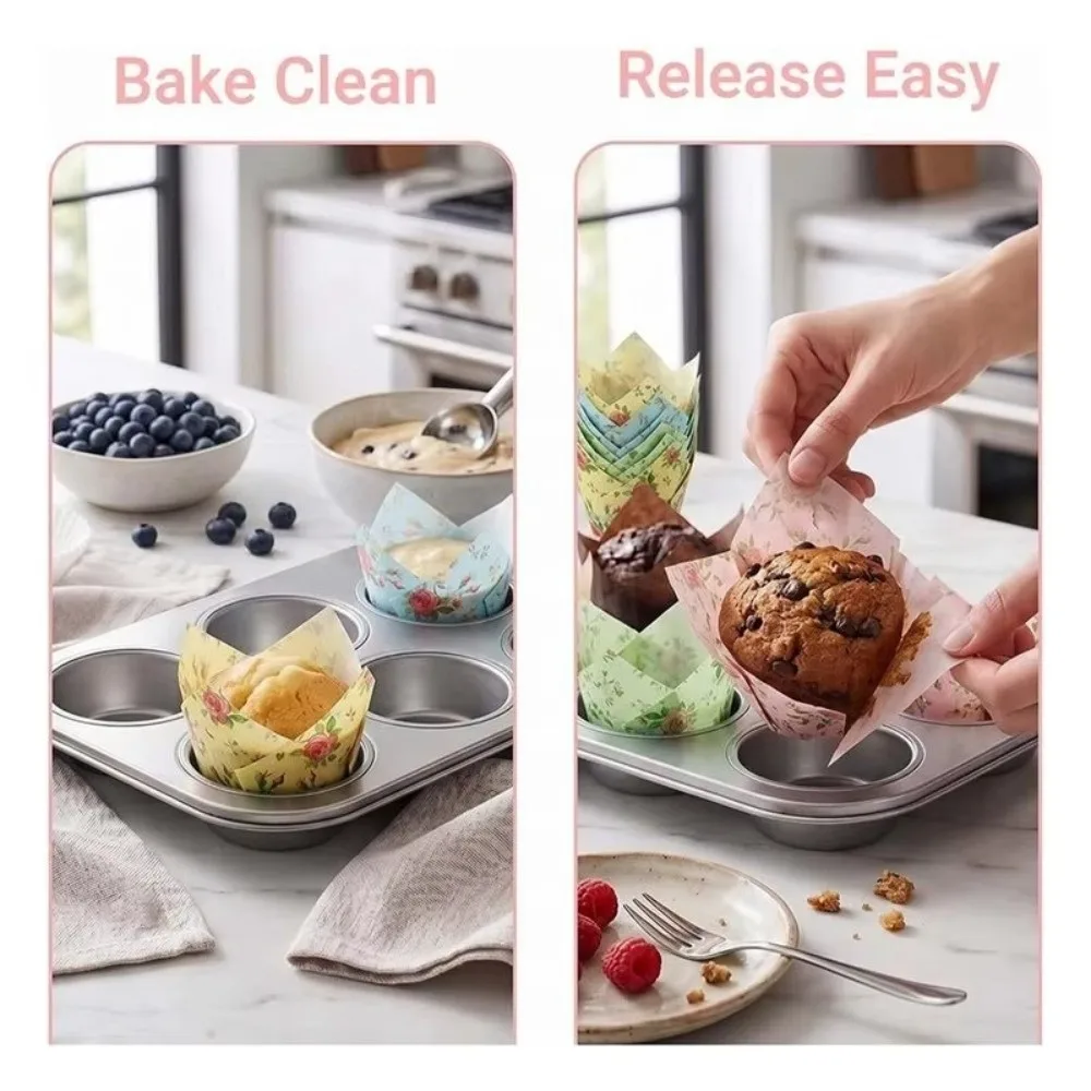 50PCS Paper Muffin Baking Cups Flower Shaped Greaseproof Paper Cupcake Cups Floral Printed Petal Rim Cupcake Baking Cups
