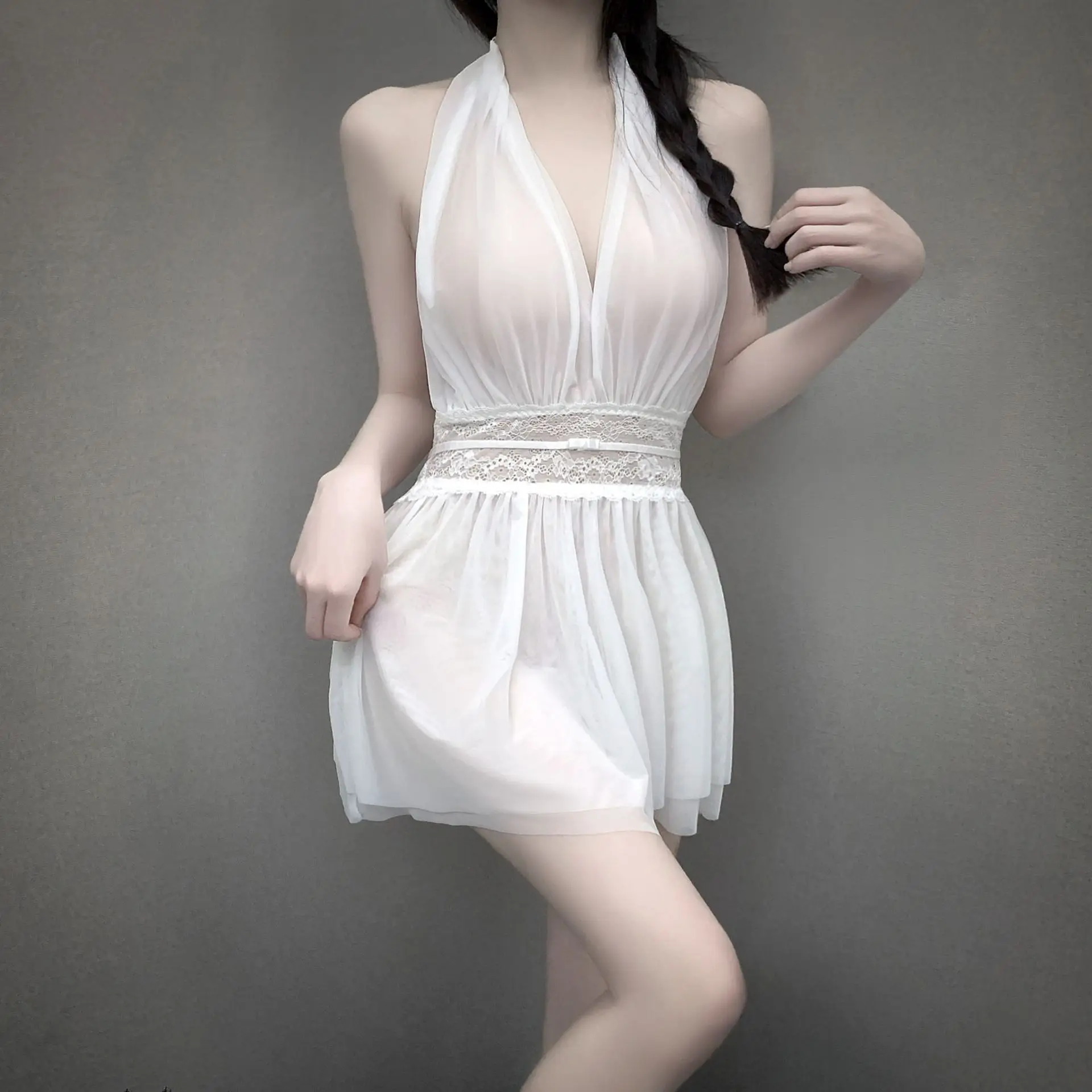 Ladies Sexy Pure Desire Pajamas Ladies Lace Pure Color Camisole Department Ms. V Necktie Morning Robe Outer Robe Homewear Set