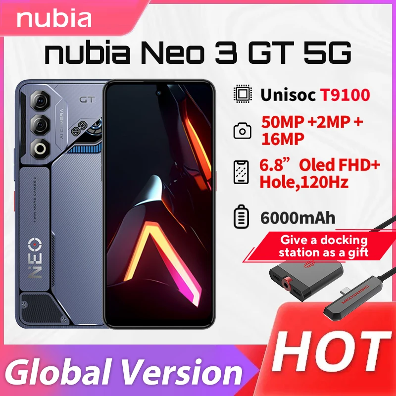Nubia Neo 3 GT الإصدار العالمي 5G الهاتف المحمول بطارية 6000 مللي أمبير في الساعة 88 واط شحن 50 ميجابكسل كاميرا 6.8 بوصة 120 هرتز OLED Unisoc T9100 NFC