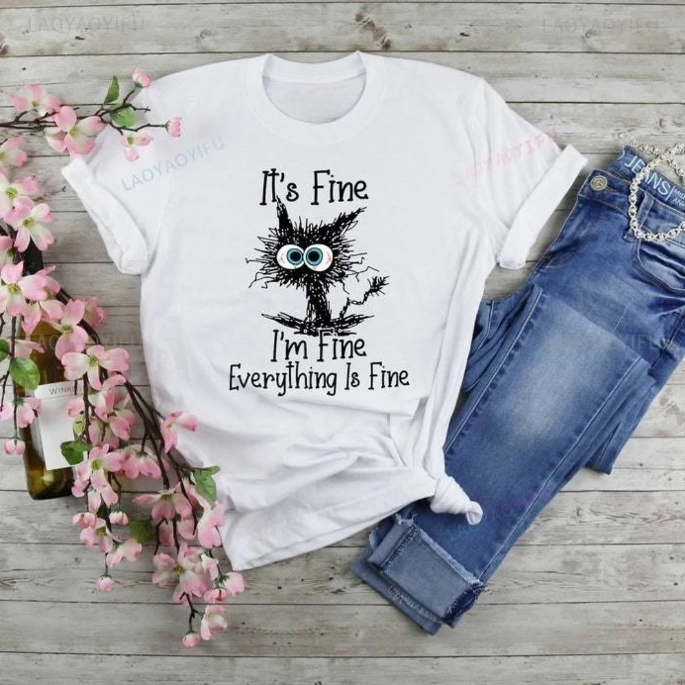 

It's Fine I'm Fine Everything Is Fine TopsTee Shirt Милая футболка с принтом черного кота Топы для женщин и мужчин Высококачественная хлопковая летняя футболка