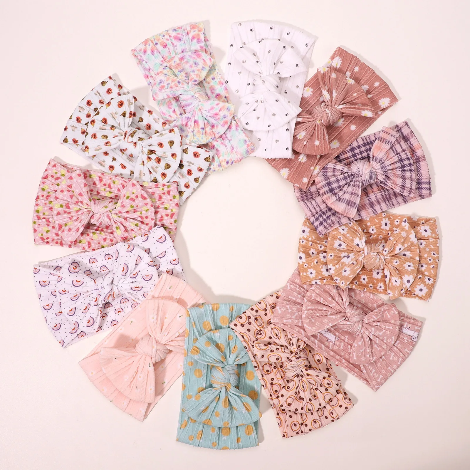 Newborn Baby Headband for Girls Elastic Knit Children Turban Bows Soft Nylon Printing Kids Headwear Accessories