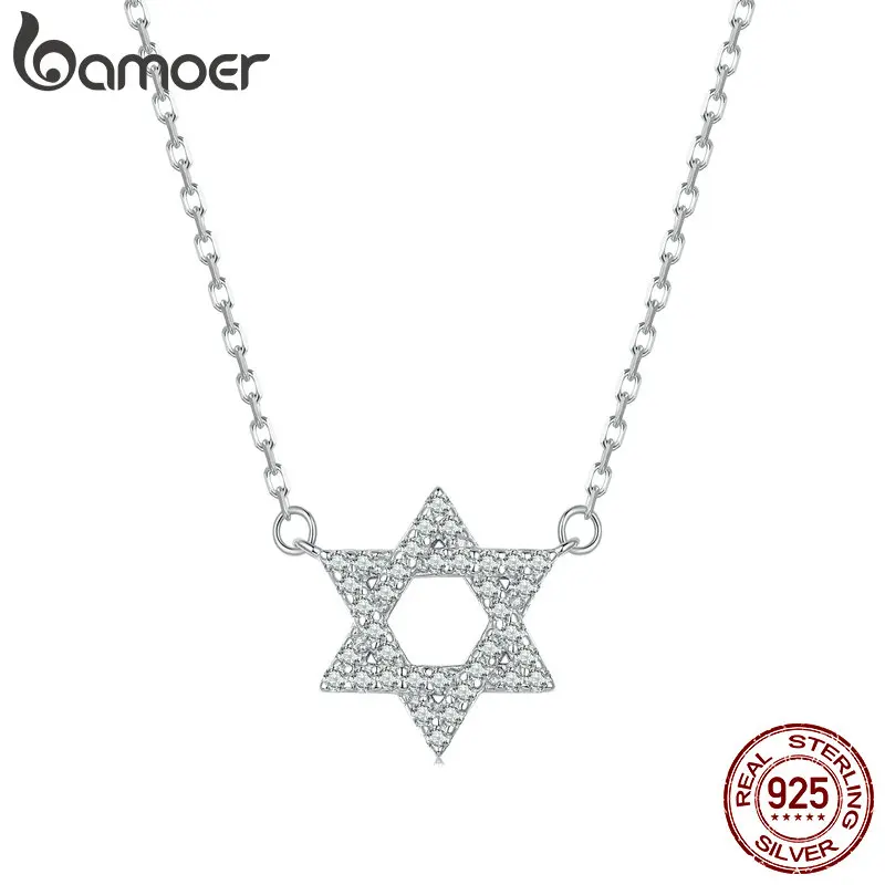 

BAMOER 925 Sterling Silver Star of David Pendant Necklace Pave Setting CZ for Women Birthday Gift Fashion Fine Jewelry BSN290