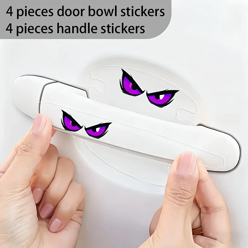 8Pcs/Set Cool Purple Evil Eyes Car Door Handle Stickers, Waterproof Anti-Scratch PVC Decals