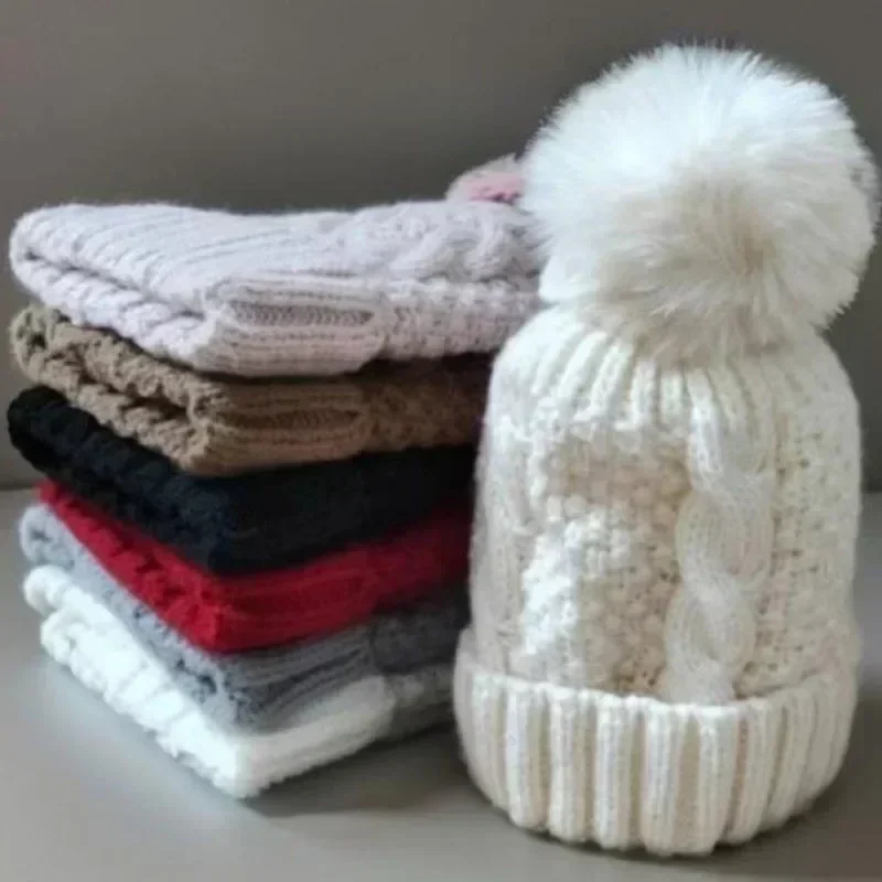 2024 New Winter Twist Knitting Hat For Women Fur Pompom Thick Plush Cap Beanie Solid Color Ladies Warm Ski Snow Skullies Beanies