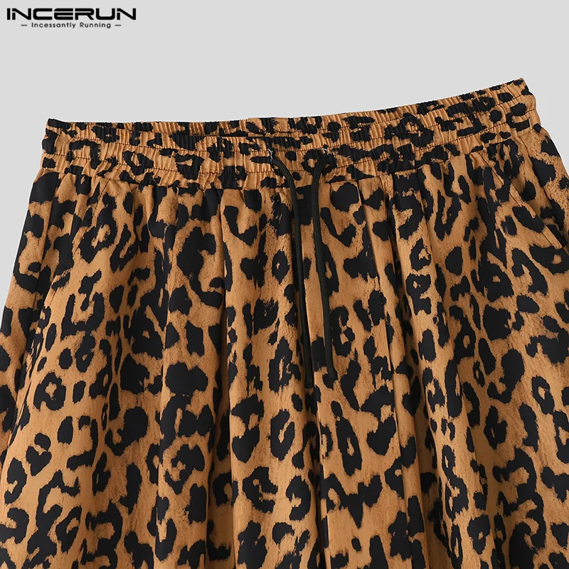 INCERUN Men Wide Leg Pants Leopard Printing Drawstring Joggers Casual Trousers Men Streetwear 2025 Oversize Pleated Long Pants