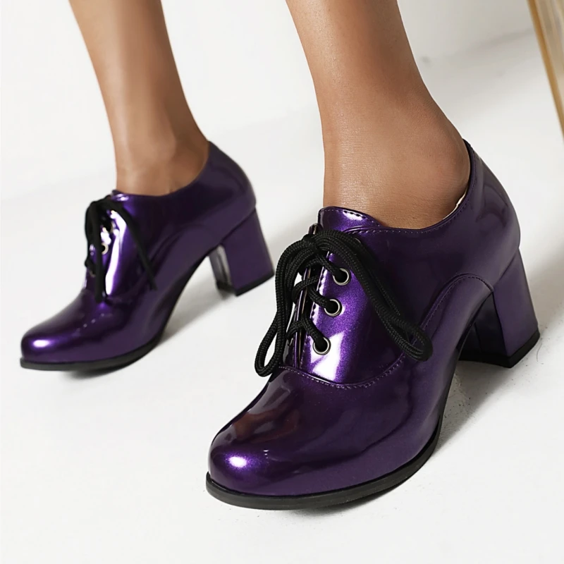 

Женские фиолетовые туфли-лоферы на высоком каблуке, модные черные, белые туфли на блочном каблуке со шнуровкой, вечерние, свадебные, офисные туфли, женские, большой размер 45