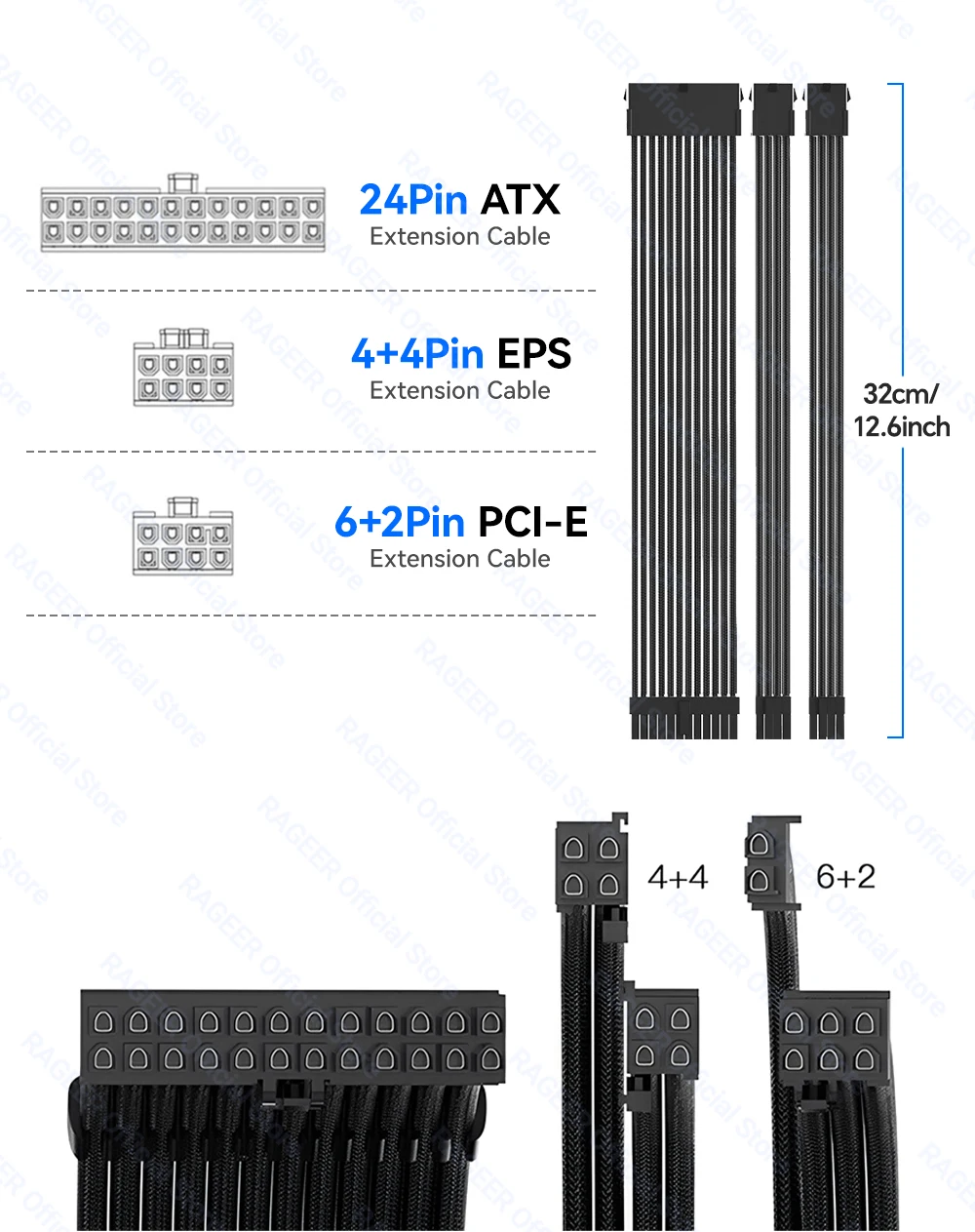 RAGEER Netzteil-Verlängerungskabel-Set, Motherboard, ATX, 24-polig, GPU, PCI-E, 6 + 2-polig, 8-polig, CPU, EPS, 4 + 4-polig, 18 AWG, Netzkabel mit Kämmen – Detail 5