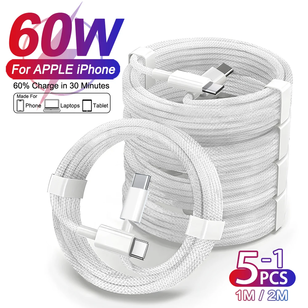 1-5 قطعة 60 واط الأصلي مضفر USB C إلى نوع C كابل لابل آيفون 17 الهواء 15 16 برو ماكس كابل شحن سريع TypeC سلك بيانات الحبل