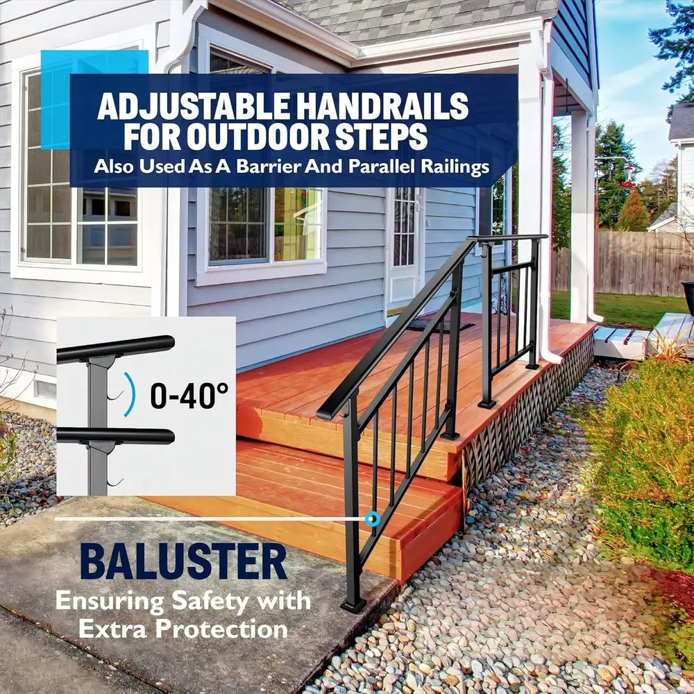 4 Steps Outdoor Handrails, Black Wrought Iron Railing for Exterior Steps, Transitional Balusters, Hook & Kit for Concrete or Woo