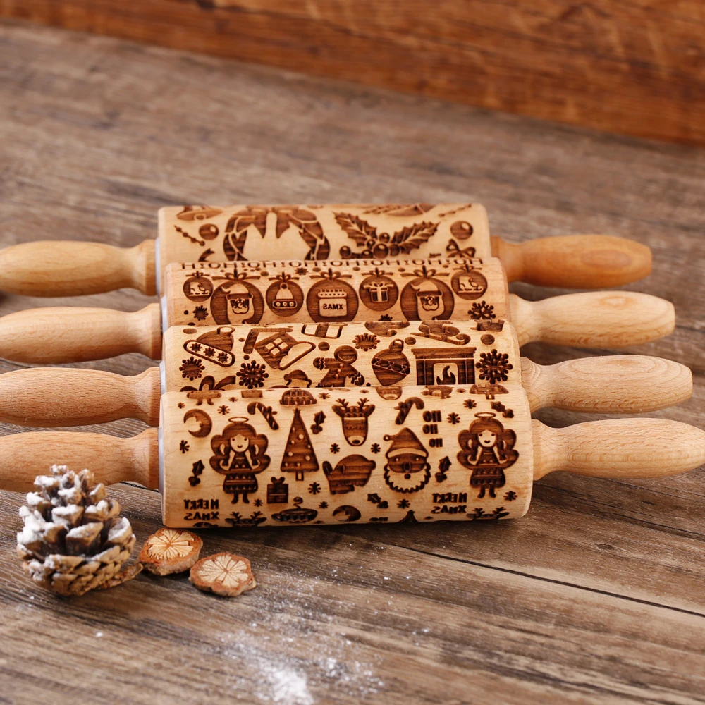 1pc 10inch Wooden Christmas Embossed Small Rolling Pin For Pastry Baking Tools Angel Elk Boots Deep Engraving Cookies Stamp Tool