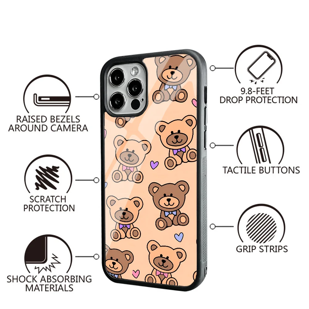 Teddy Bear Paste Brown Phone Case For IPhone 16 16pro 16plus 16promax Pro Plus Max Mirror Acrylic PC TPU Cover