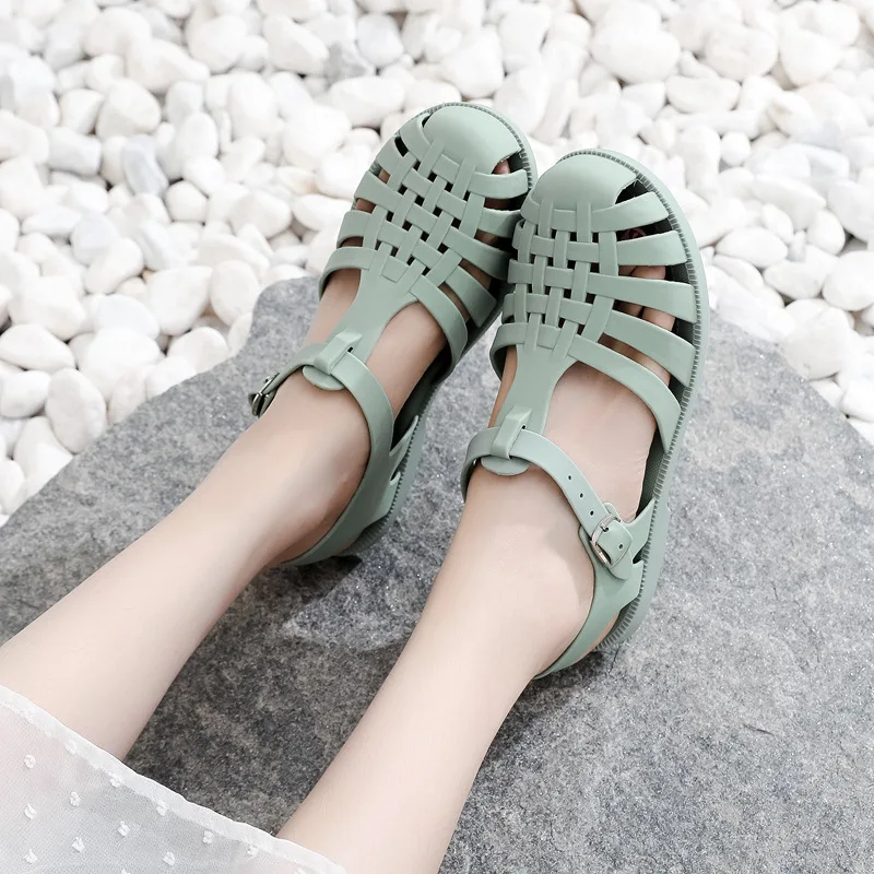 Women's Roman Style Sandals Open Toe Plastic Beach Shoes Anti-Slip Hollow out Flat Bottom Jelly Shoes Simple round Toe