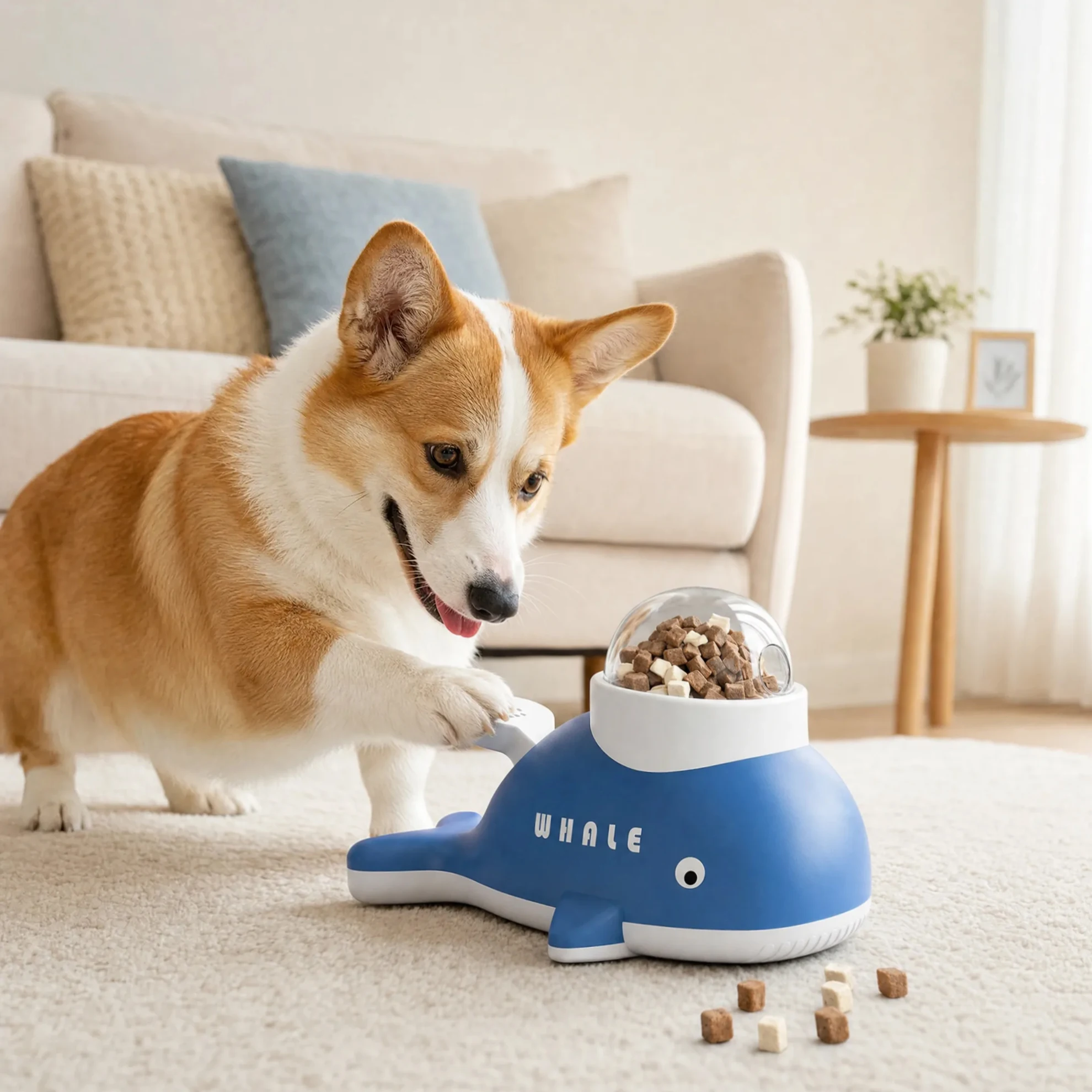 Whale Shaped Interactive Pet Feeder, Featuring 4 pcs Set with a Press-To-Dispense Food Snacks Treats Dispenser,For Cats And Dogs