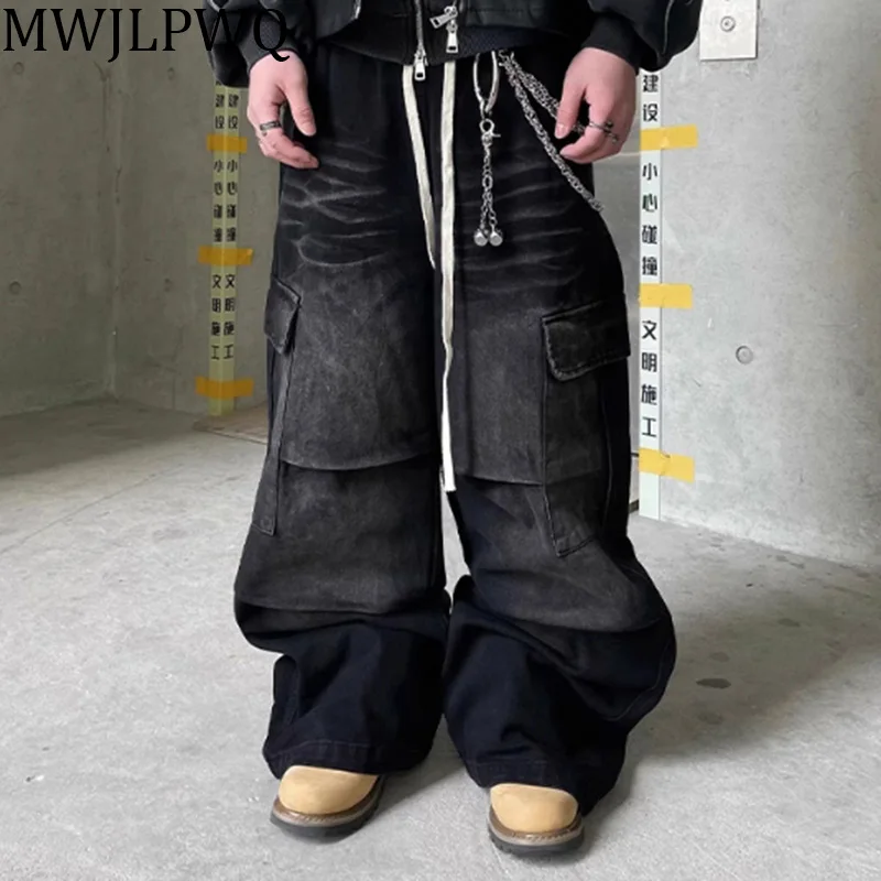 

MWJLPWQ American Knee Pleated Design Jeans Men's Oversized Pocket High Street Retro Drawstring Casual Loose Wide Leg Pant 010736