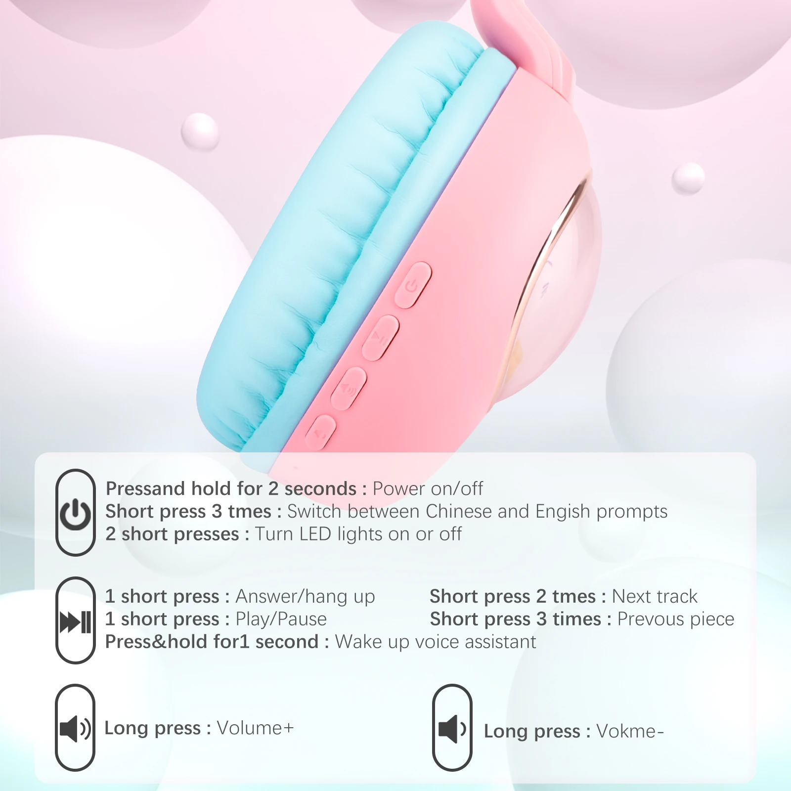 หูฟังสำหรับเด็กหูแมวน่ารักพร้อมไมค์ไฟ LED ชุดหูฟังบลูทูธสเตอริโอของลูกสาว Headphone anak perempuan สำหรับโรงเรียนของขวัญการเดินทางที่บ้าน