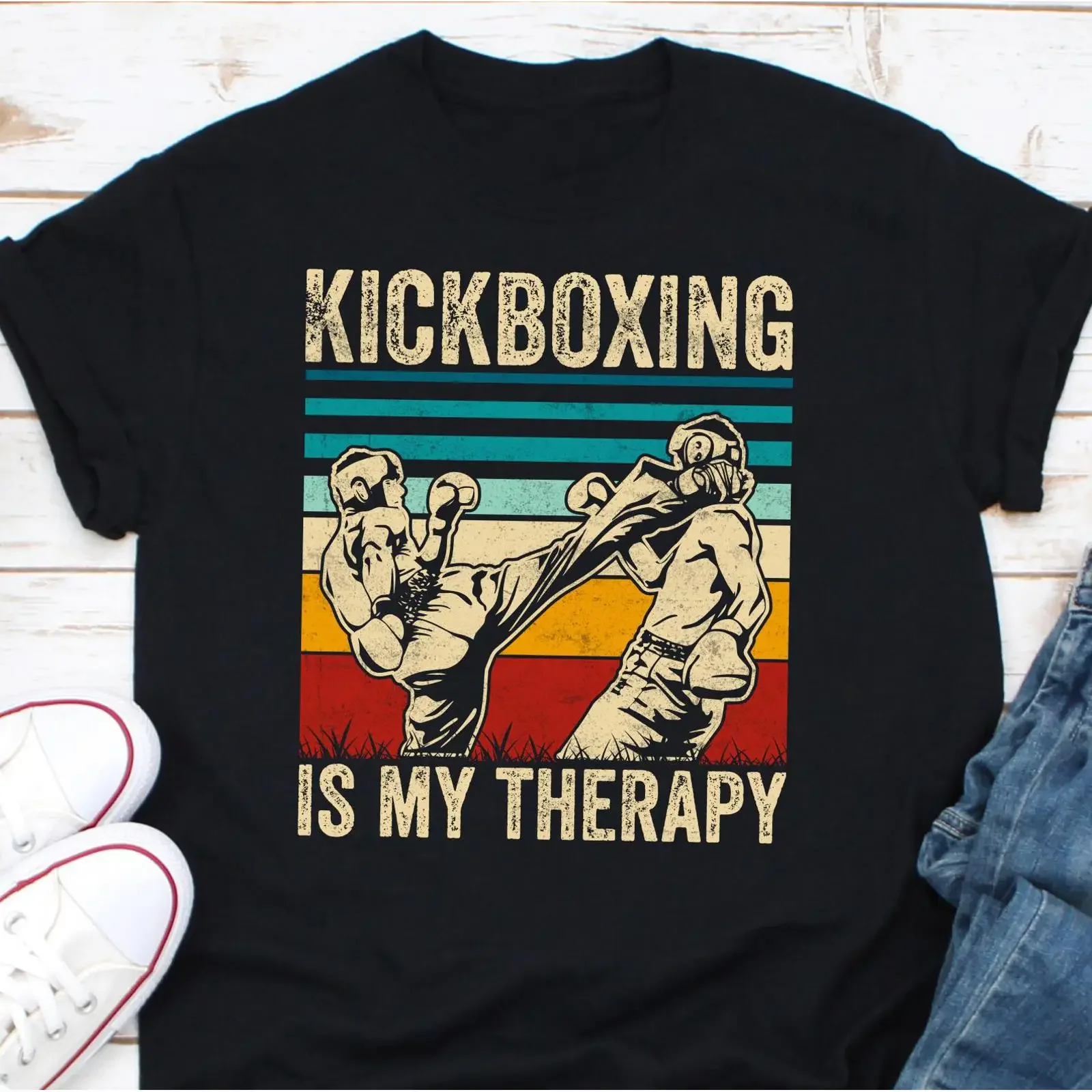 Vintage Kickboxing Is My Therapy T Shirt Funny Kickboxer Martial Arts Combat Sport for Fighting Lovers vintage Washed Stretched