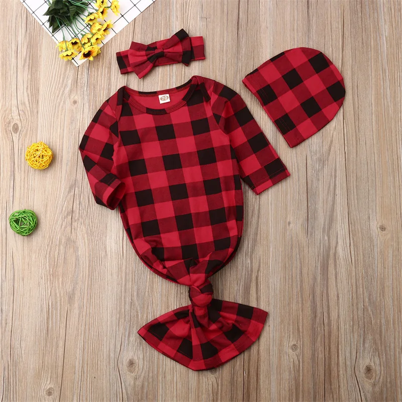 Baby Sleeping wear with Beanie Hat & Hair Band Long Sleeve Envelope Neckline Sleepwear Plaid Printed Stretchy Nightgown