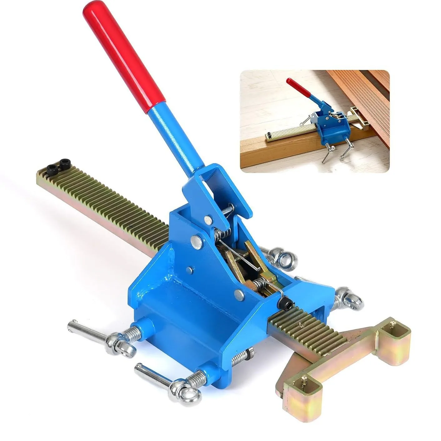 Deck straightening tools. Deck tools for straightening and locking bent plates to tighten gaps