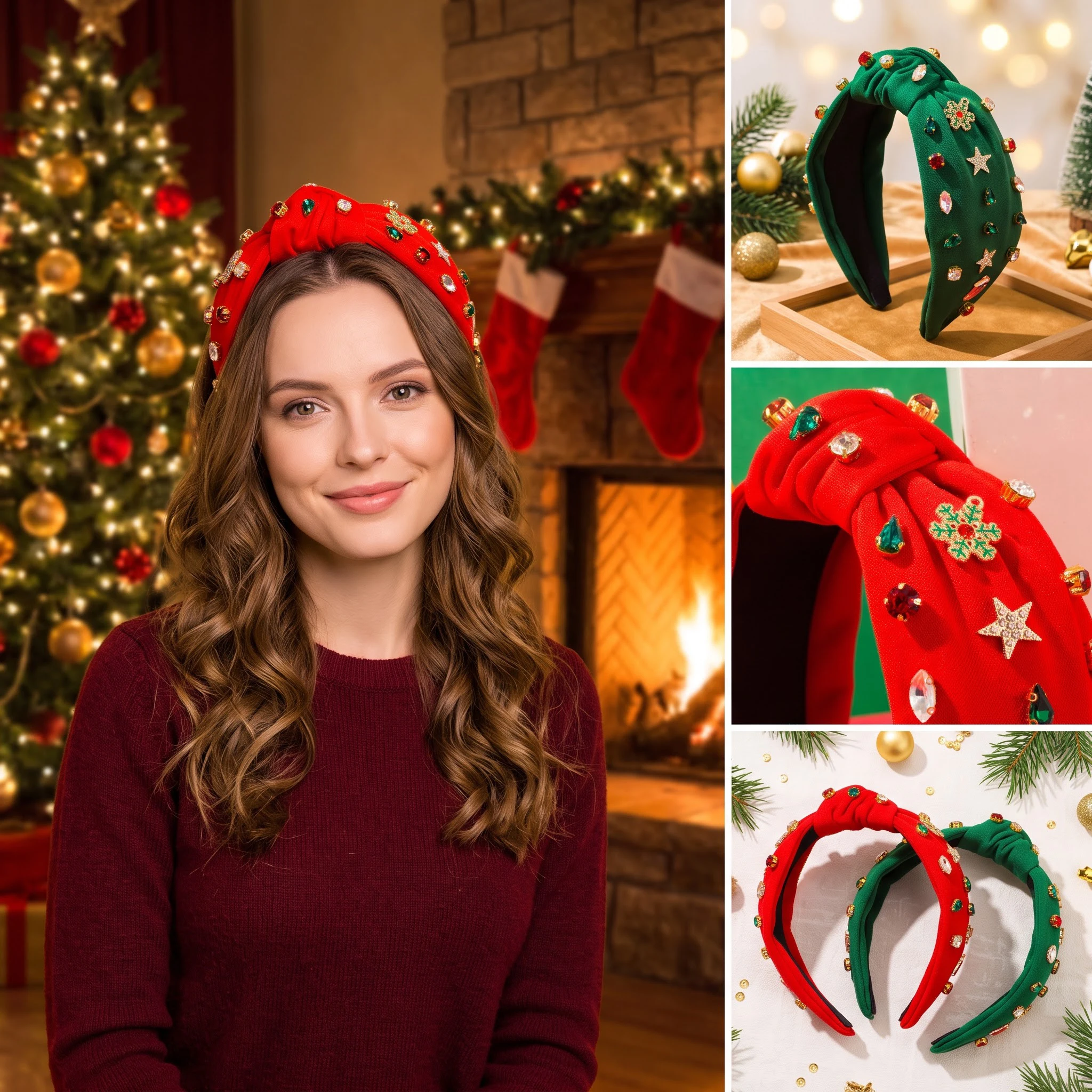 Solid Color Diamond Studded Star Snowflake Christmas Stocking Accessories, High Skull Top, Stunning Christmas Headband
