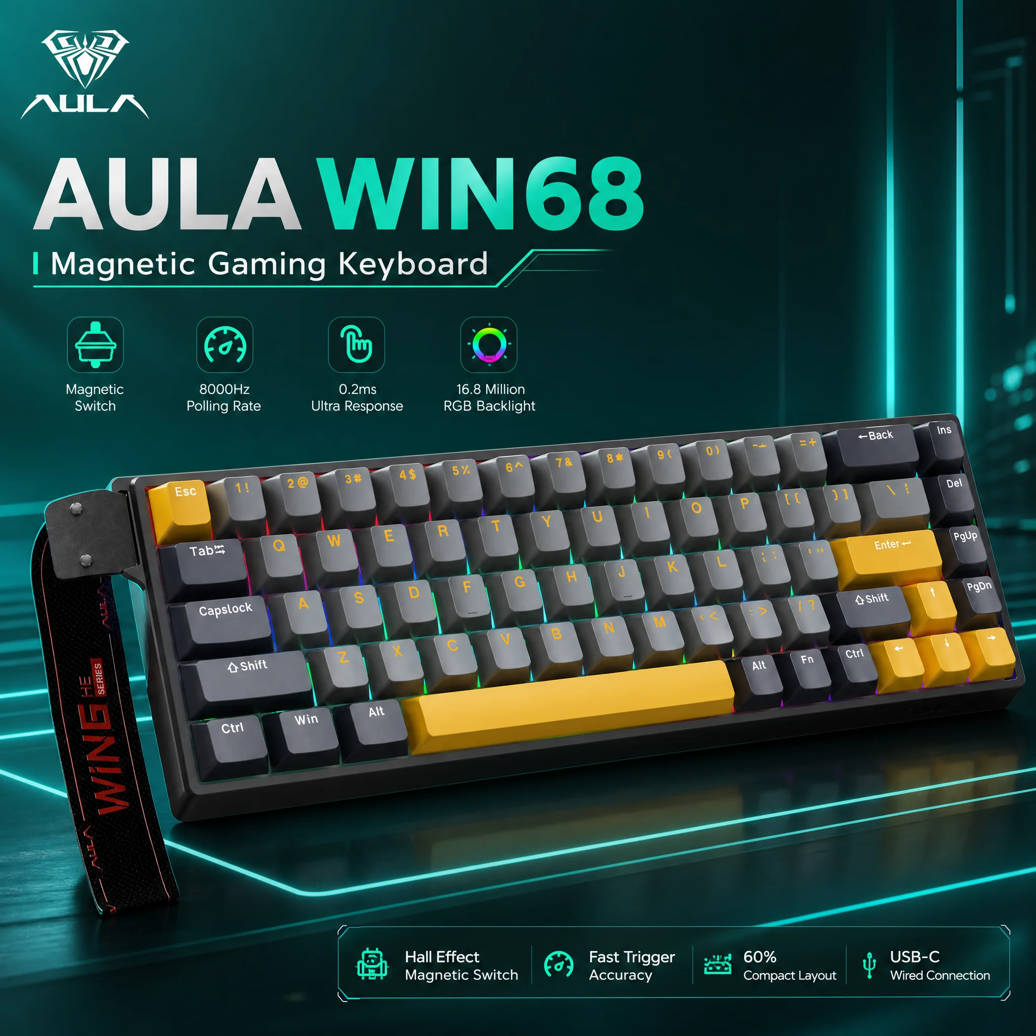 AULA WIN68 HE Max Magnetic Switch Keyboard 0.01mm Rapid Trigger 8K Return SOCD RGB Wired Esports Gaming Keyboard Gamer Gifts